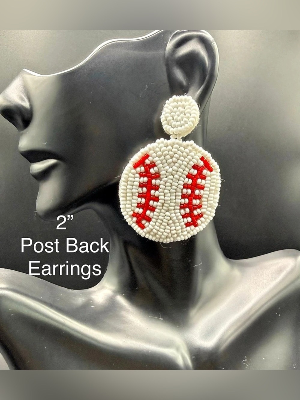 Baseball Beaded Post Back Earrings in White & Red